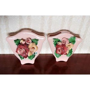 Johannes Brahm California 230 MCM USA Vintage Pink Wall Pockets Roses Set of 2